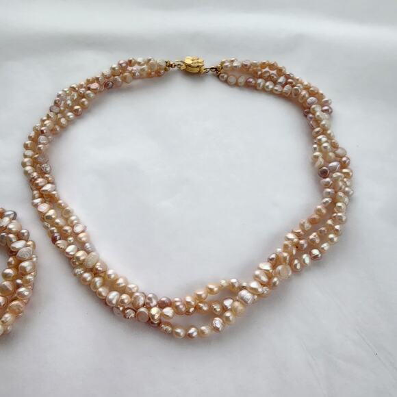 Genuine Pearl Statement Choker Necklace & Bracelet Set New Peachy Pink Old Money - Picture 7 of 11